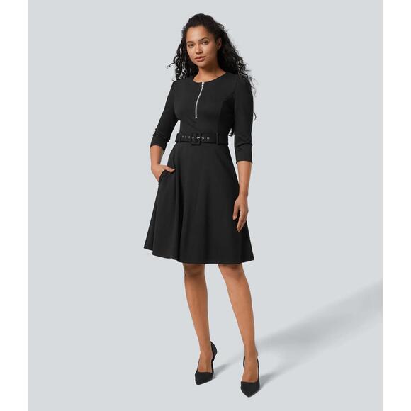 Halara Dresses & Skirts - NWT Halara Round Neck Zipper Belted Pocket Midi Fit And Flare Work Dress Size XL